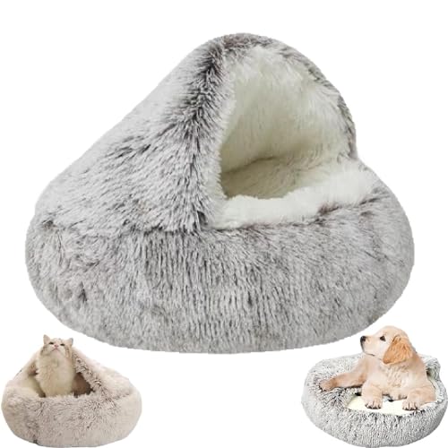 Zureto Gemütliches Cocoon-Haustierbett für Hunde, Winter-Haustierbett, überdachtes Hundebett für kleine Hunde, bequemes Cocoon-Haustier-Plüschbett für den Winter (50cm*50cm, coffee long plush) von Zureto