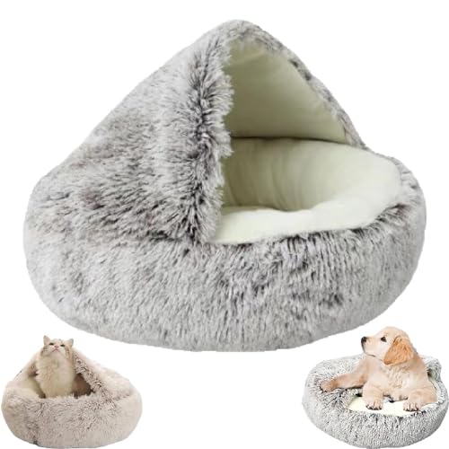 Zureto Gemütliches Cocoon-Haustierbett für Hunde, Winter-Haustierbett, überdachtes Hundebett für kleine Hunde, bequemes Cocoon-Haustier-Plüschbett für den Winter (50cm*50cm, coffee short plush) von Zureto