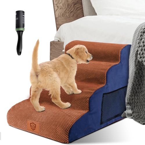 Zvonema Hundetreppe für Kleine Hunde, 4 Stufen rutschfeste Waschbar Katzentreppe, Tragbar Haustiertreppe Abnehmbare Hunderampe Bett, Haustierleiter Senden 1 Fusselrolle（72 * 40 * 52CM） von Zvonema