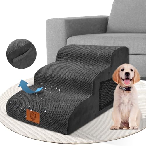 Zvonema Hundetreppe, 3 Stufen, Rampe für Hunde, Sofa und Bett mit abnehmbarem Bezug, Treppe für Haustiere, Hunde & Katzen, Tritthocker für Hunde, rutschfest, aus hochdichtem Schaumstoff, Schwarz von Zvonema