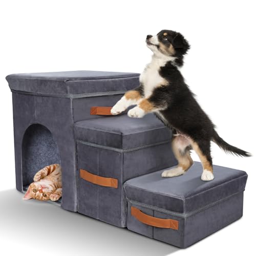 Zvonema Hundetreppe, Hundetreppe 3 Stufen, Faltbare Hundetreppe für Kleine Hunde, breiteren Haustiertreppe mit stauraum, rutschfeste Hunderampe für Sofa, Katzentreppe, für ältere Hunde, bis 40 kg von Zvonema