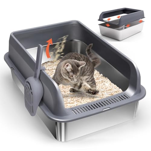 Zvonema Katzenklo, Katzentoilette Edelstahl, Auslaufsichere Katzenklo Groß, Geruchsresistent Katzenklo Hoher Rand, Antihaft Anti-Rutsch Cat Litter Box mit Schaufel, für Katzen, Kaninchen-60x40x25CM von Zvonema