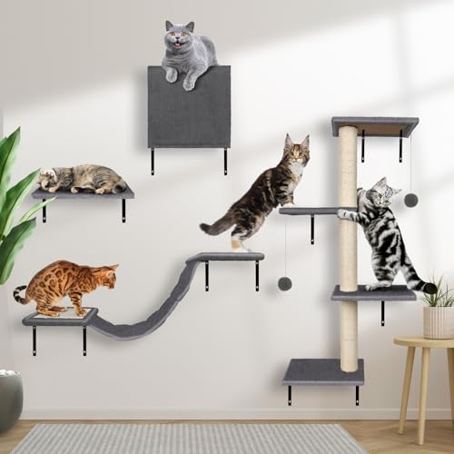 Zvonema Wandregal für Katzen, 4 in 1 Wandmöbel für Katzen, Kletterwand mit Katzenkratzbaum, Wandhalterung, Kratzbaum für Katzen mit Ball, Katzenbrücke, Bett & Sitzstange, Wandweg Katze von Zvonema