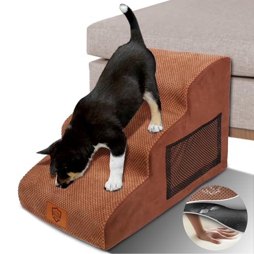 Zvonema Hundetreppe, Hundetreppe 40 cm Hoch,wasserdichte Hundetreppe 3 Stufen, rutschfeste Tragbar Hundetreppe Sofa, Hunderampe Boxspringbett, Haustiertreppe mit Waschbar Abnehmbar Plüschbezug von Zvonema