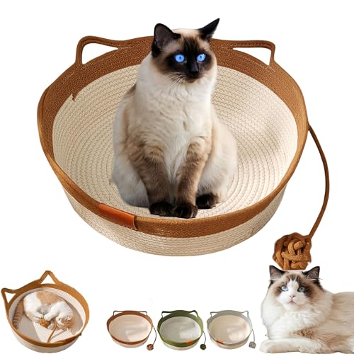 2025 New Woven Rope Cat Basket, Hand Woven Rope Cat Bed mit Ball Spielzeug, atmungsaktiv & leicht zu reinigen, schützt Möbel, 13 "/ 16" / 18 "Cat Basket Suitable Für Alle Katzen (Braun,Groß) von Zyzzephyr