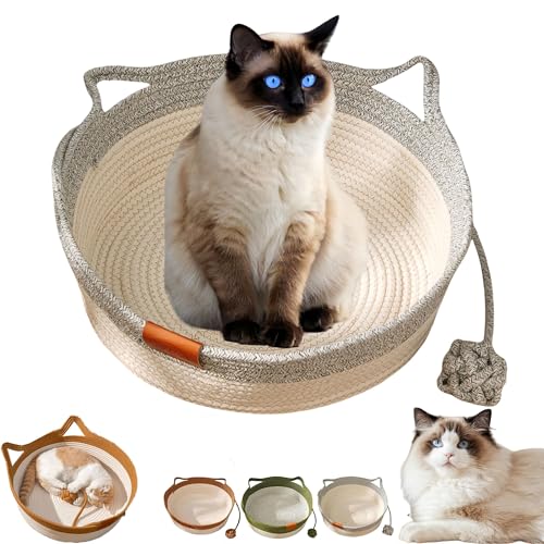 2025 New Woven Rope Cat Basket, Hand Woven Rope Cat Bed mit Ball Spielzeug, atmungsaktiv & leicht zu reinigen, schützt Möbel, 13 "/ 16" / 18 "Cat Basket Suitable Für Alle Katzen (Grau,Groß) von Zyzzephyr