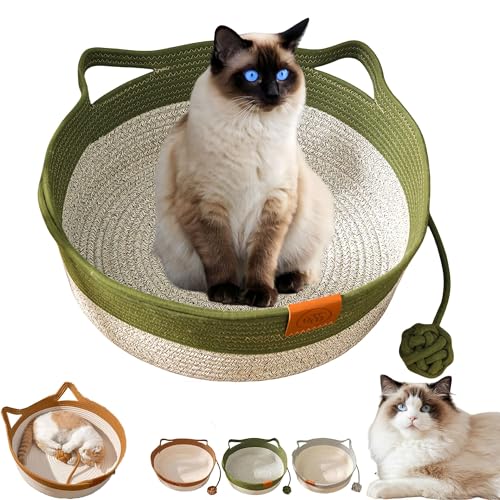 2025 New Woven Rope Cat Basket, Hand Woven Rope Cat Bed mit Ball Spielzeug, atmungsaktiv & leicht zu reinigen, schützt Möbel, 13 "/ 16" / 18 "Cat Basket Suitable Für Alle Katzen (Grün,Groß) von Zyzzephyr