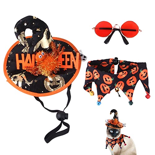 3pcs Haustier Halloween Party Kostüm Katze Urlaub Kostüm Dekoration Halloween Haustier Kostüm Kits mit Hut Schal Brille verstellbar Katze Halloween Haustier Hexenhut für Katzen Welpen Haustiere von a-r