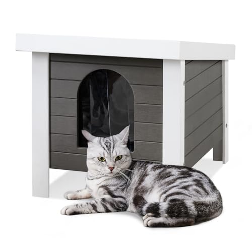 AACULPET Isoliertes Katzenhaus für den Außenbereich, neues Material, PS, wetterfest, feral, Katzenhaus für Outdoor-Katze, offenes Dach, erhöhte Füße für Terrasse, Rasen, Hinterhof, Grau von aaculpet