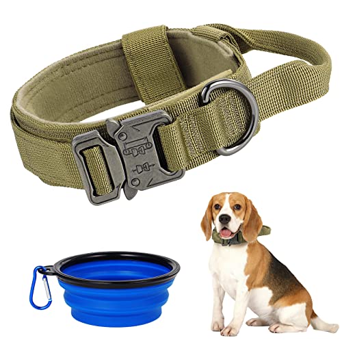 abcGoodefg Taktisches Hundehalsband Militär Hundehalsband Verstellbares Nylon Hundehalsband Schwerlast Metallschnalle Gurt Griff für Hundetraining Gurt mit Faltbarem Hundenapf (M Braun) von abcGoodefg