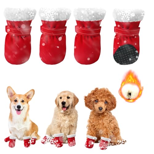 agctrler Hundeschuhe Pfotenschutz, Anti Rutsch Hundesocken Pfotenschutz Weicher Verstellbarer für kleine mittlere Hunde Winter, Rot (4 Stück) von agctrler