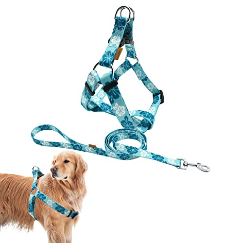 Aiminto Hundegeschirr und Leine, Set, niedliche Blumenmuster, weiches und verstellbares Geschirr, Step In, Anti-Choke — perfekt zum Spazierengehen (Hawaiian Blue, L (Brust 55,9–86,4 cm)) von aiminto