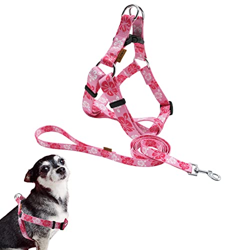 Aiminto Hundegeschirr und Leine, Set, niedliche Blumenmuster, weiches und verstellbares Geschirr, Step In, Anti-Choke — perfekt zum Spazierengehen (Hawaiian Pink, XS (Brustumfang 27,9–45,7 cm)) von aiminto