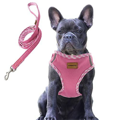 Aiminto Premium Denim Hundegeschirr und Leine Set, Step In, atmungsaktives Mesh, leicht, reflektierende Weste Geschirr - für mittelgroße Hunde (Rosa, L) von aiminto