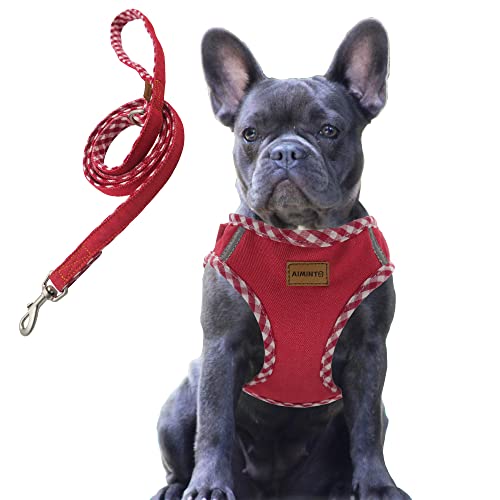 Aiminto Premium Denim Hundegeschirr und Leine Set, Step In, atmungsaktives Mesh, leicht, reflektierende Weste Geschirr - für mittelgroße Hunde (Rot, L) von aiminto