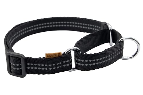 Aiminto Verstellbares reflektierendes Martingale-Hundehalsband aus Nylon, für Training und Spazierengehen, Schwarz, Größe L (Hals: 48,3 cm - 71,1 cm, Breite: 2,5 cm) von aiminto