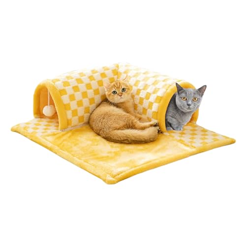 Cat Tunnel Bed, Katzentunnel mit Bett, Lustiges 2-in-1 Katzentunnelbett aus Plüsch mit Karomuster, Vielseitiges Flauschiges Katzenbett Zum Spielen und Schlafen, Abnehmbarer und Waschbar von akoba