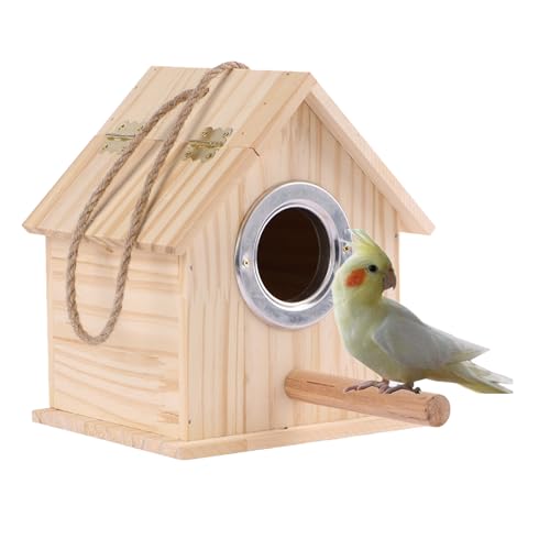 Sittichnest Warmbox, Vogelzuchtkasten, Papageienholzhaus Nistkasten, Papageien Wellensittiche Paarungsbox, Voliere Käfig Box für Lovebirds, Nymphensittiche, mit Vogelständer Sitzstange (M) von alfyng