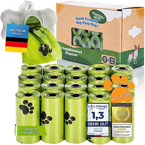 BI0 Hundekotbeutel mit Spender Kompostierbare Kotbeutel für Hunde mit Hundekotbeutelspender 100% Biologisch abbaubare Hundebeutel mit Leinen Halter (300 Beutel: 20 Rollen + 1 Spender) von all Pets United