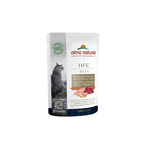 Almo Nature HFC Jelly Nassfutter für Erwachsene Katzen Thunfischfilet und Hühnerfilet mit Schinken -24 x 55 g. von almo nature