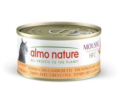 Almo Nature HFC Mousse, Futter für ausgewachsene Katzen, Thunfisch mit Garnelen, ohne Getreide, 24 Dosen à 70 g von almo nature