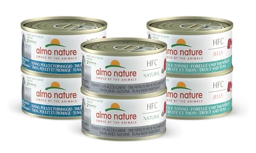 Almo Nature Multipack (6x70g) - Verschiedene Sorten mit Thunfisch: 2X Thunfisch, Huhn und Käse - 2X Thunfisch mit Jungsardellen - 2X Forelle und Thunfisch von almo nature