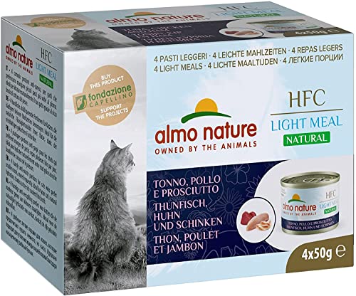 HFC Natural Light Meal Katzenfutter für ausgewachsene Katzen - Thunfisch, Huhn und Schinken 50 g x 4 stück, 200 g von almo nature