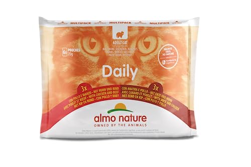 almo nature Daily Multipack, komplettes Nassfutter für Erwachsene Katzen – mit Thunfisch und Lachs – mit Kabeljau und Garnelen – 6 Beutel à 70 g von almo nature