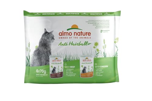 almo nature Multipack Holistic Anti Hairball 3 x Mit Rind - 3 x Mit Huhn. Alleinfutter für Erwachsene Katzen,Nassfutter 36er Pack (6x70g) von almo nature