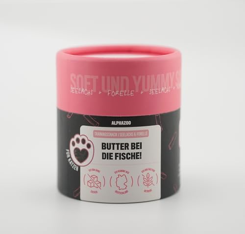 alphazoo Butter Bei Die Fische! 65g I Softe Leckerli Sticks Forelle + Lachs für Katzen I Extra fischig, Getreidefrei, Zuckerfrei I Natürliche Katzensnacks I Gesunde Katzenleckerlies zur Belohnung von alphazoo