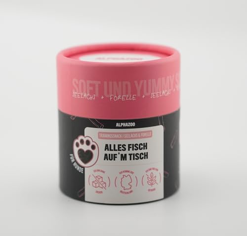 alphazoo Alles Fisch Auf'm Tisch 65g I Softe Leckerli Forelle + Lachs für Hunde I Hoher Fleischanteil, Getreidefrei, Zuckerfrei I Natürliche Hundeleckerlies I Gesunde Leckerlies für Training I Lecker von alphazoo