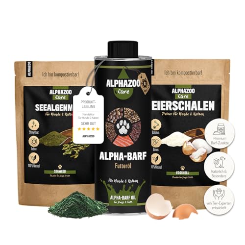 alphazoo Barf Complete Kombi für Hunde & Katzen I Alpha Barf-Öl, Eierschale & Seealgen-Mehl I Perfekt zum Barfen, mit Omega 3, Kalzium und bei Schilddrüsenunterfunktion I Barf-Futter von alphazoo