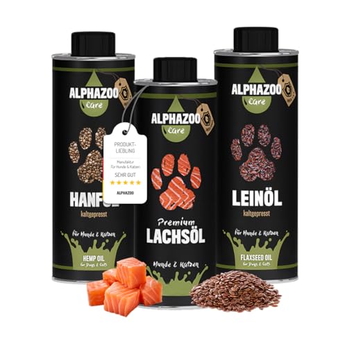 alphazoo Barf Öl Set für Hunde & Katzen I Lachsöl, Leinöl, Hanföl I Omega 3 Fischöl, Barf Leinsamen-Öl zum Barfen I Kaltgepresst & Natürlich I Barfers Omega 3 6 9 Hundefutter & Katzenfutter von alphazoo