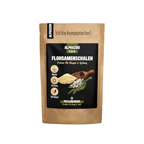 alphazoo Flohsamenschalen gemahlen 250g für Hunde und Katzen, 99+% Reinheit, Indische Psyllium Samenschalen, Ballstoffreich für Magen-Darm von alphazoo