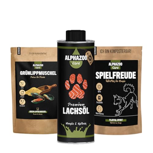 alphazoo Gelenk Kombi für Hunde I Grünlippmuschel-Pulver bei Arthrose & Gelenkschmerzen I Omega-3 Lachsöl & Tabletten für Agility & Bewegung I Hüfte, Gelenke & Knochen von alphazoo