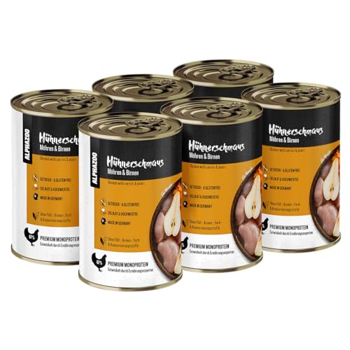 alphazoo Hühnerschmaus 6 x 400g für Hunde, Monoprotein getreidefrei, Hundefutter Nass, Nassfutter Huhn mit Karotte & Birne, Ohne Getreide von alphazoo