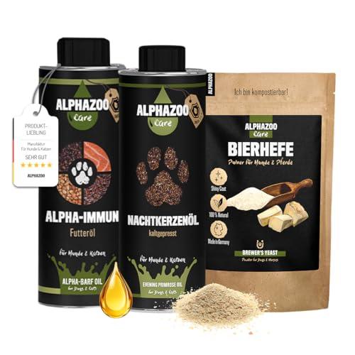 alphazoo Immunsystem Kombi für Hunde & Katzen I Nachtkerzenöl, Bierhefe-Pulver & Alpha-Immun Öl I Immun-System stärken & aufbauen I Vitamin-B Komplex bei Fieber & Husten I Starke Immunabwehr von alphazoo