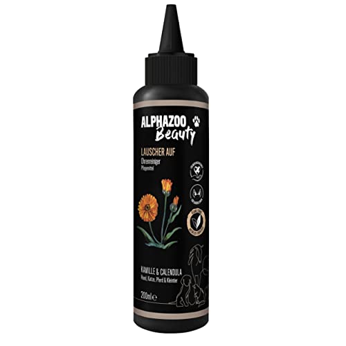 alphazoo Ohrenreiniger Hund, Katze & Pferd 200 ml I Kamille Calendula I Milder Ohrenschmalz Entferner I Ohr Reiniger zur Ohrenpflege oder Ohrenspülung von alphazoo