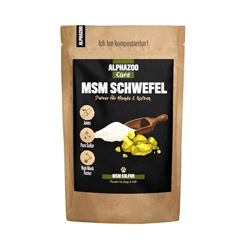 alphazoo MSM Pulver Hund & Katze 250g I 99,9% rein I Organischer Schwefel ohne Zusätze I Methylsulfonylmethan für Gelenke, Sehnen & Bänder I Natürliches Gelenkpulver für Gelenk- & Knochenschutz von alphazoo