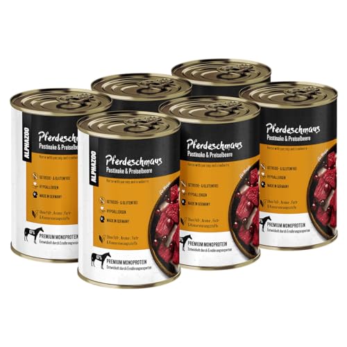 alphazoo Pferdeschmaus 6 x 400g für Hunde, Monoprotein getreidefrei, Hundefutter Nass, Nassfutter Pferd mit Pastinake & Preiselbeere, Ohne Getreide von alphazoo