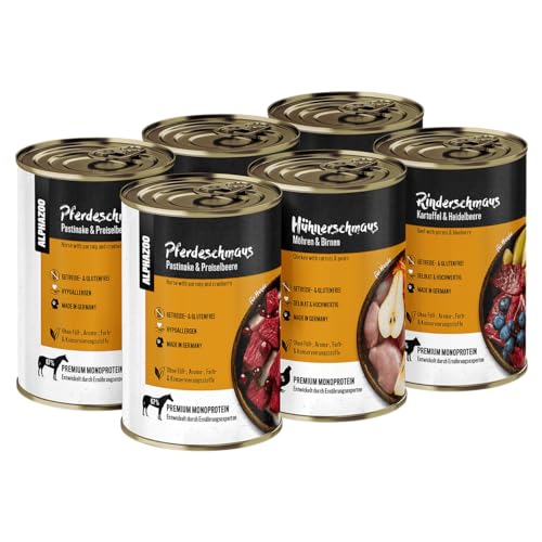 alphazoo Probierschmaus 6 x 400g für Hunde, Monoprotein getreidefrei, Hundefutter Nass, Nassfutter Probierpaket Rind, Huhn & Pferd, Ohne Getreide von alphazoo