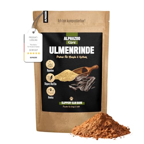 alphazoo Ulmenrinde Pulver 120g für Hunde und Katzen, Amerikanische Slippery Elm Bark, Naturprodukt für Verdauung, Darmflora und Magen-Darm Aktivität von alphazoo