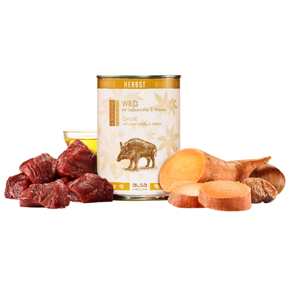 alsa-nature 4-SEASONS Herbst-Menü Wild mit Süßkartoffel und Marone, Anzahl: 12 x 400 g, 400 g, Hundefutter nass von alsa-nature