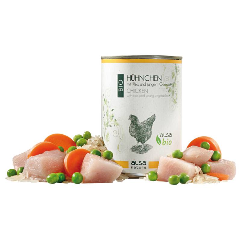 alsa-nature BIO Hühnchen mit Reis und jungem Gemüse, Anzahl: 12 x 400 g, 400 g, Hundefutter nass von alsa-nature