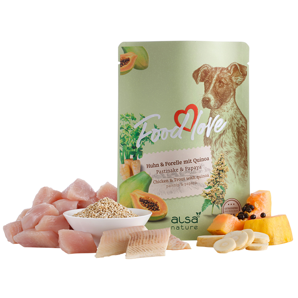 alsa-nature FOODLOVE Huhn & Forelle mit Quinoa, Pastinake & Papaya, Anzahl: 12 x 300 g, 300 g, Hundefutter von alsa-nature