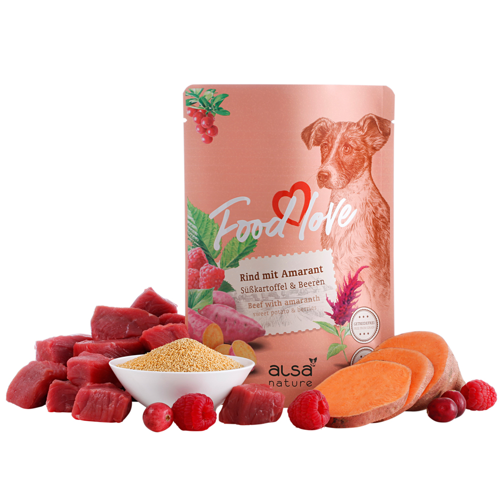 alsa-nature FOODLOVE Rind mit Amarant, Süßkartoffel & Beeren, Anzahl: 12 x 300 g, 300 g, Hundefutter von alsa-nature