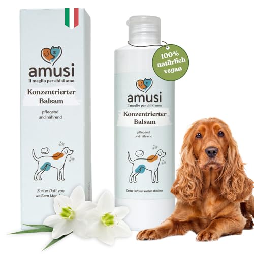 amusi Balsam für Hunde mit langem Haar, 250 ml, hergestellt in Italien, Hunde Conditioner Langhaar mit entwirrender Wirkung, antibakteriell und hautschützend, hypoallergen, mit veganem pflanzlichem von amusi