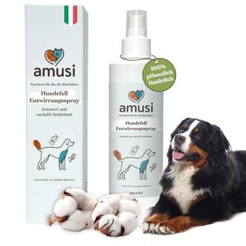 amusi Fellpflege Hund 250ml - Entfilzungsspray Hunde hypoallergene Formel auf Basis von Pflanzenölen, Hundeparfüm - Fellspray Hund und nährende Wirkung für alle Felltypen, antistatische Wirkung von amusi