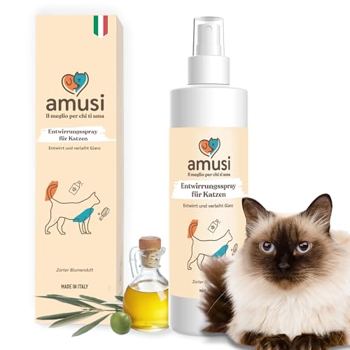 amusi Katzen Haar Entwirrungsspray 250 ml 100% Natürlich und Vegan - Entwirrt und löst Katzenknoten - Macht das Fell weich und glänzend - Kein Ausspülen erforderlich und duftet. Für alle Fellarten von amusi