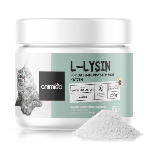 animigo L-Lysin für Katzen - 250g Pulver - Reine Aminosäure Powder - Für Katzenschnupfen, Immunsystem, Abwehrkräfte & Atemwege - Inklusive Messlöffel - Vitamine für Katzen - Alternative zu Kaudrops von animigo